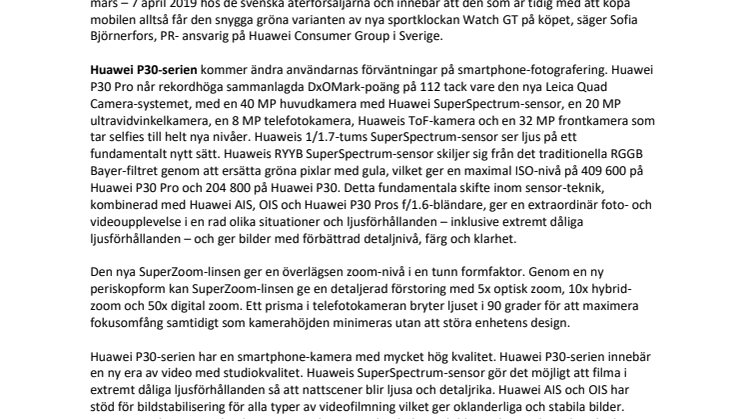 Huawei P30-serien säljs med Watch GT på köpet 