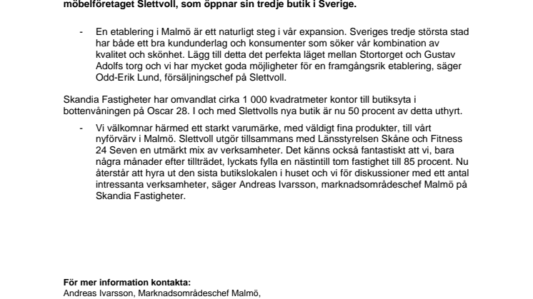Fler vackra möbler till Malmö när Slettvoll flyttar in hos Skandia Fastigheter