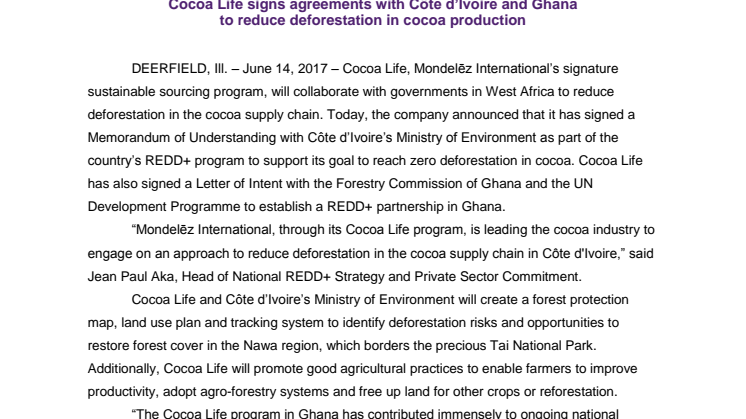 Mondelez International engagiert sich für Waldschutz in Westafrika