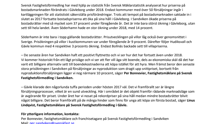 Årsresumé av bostadsmarknadsåret 2018: Sandviken ökade mest i landet