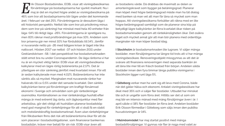 Erik Olson Fastighetsförmedling kommenterar bostadsmarknaden 19 maj 2020