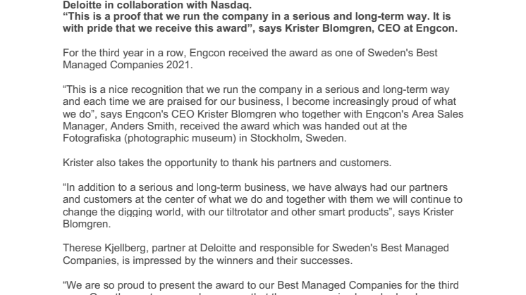 300921_Press_Engcon receives an award as one of Sweden's best managed companies for the third year in a row