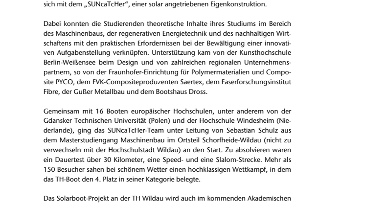 TH-Team belegt Platz 4 bei der 4. Europäischen Solarboot Regatta auf dem nordbrandenburgischen Werbellinsee