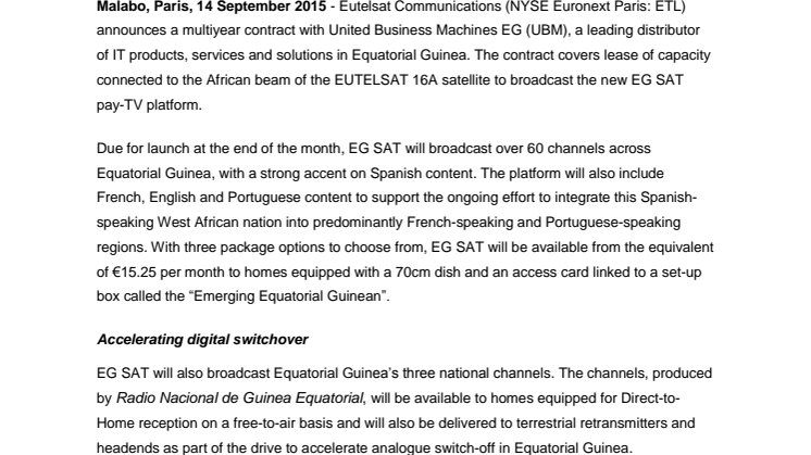 UBM EG selects Eutelsat for new EG SAT digital TV platform for Equatorial Guinea
