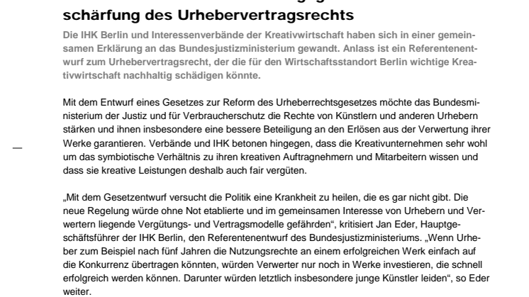 media.net berlinbrandenburg, IHK Berlin und weitere Interessensverbände stellen sich gegen Pläne zur Verschärfung des Urhebervertragsrechts