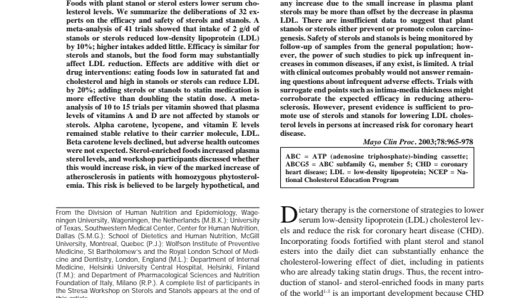 Studie om växtsteroler och statiner: "Efficacy and safety of plant stanols and sterols in the management of blood cholesterol levels."