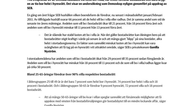Ny undersökning från SEB - de flesta vill äga sitt boende 