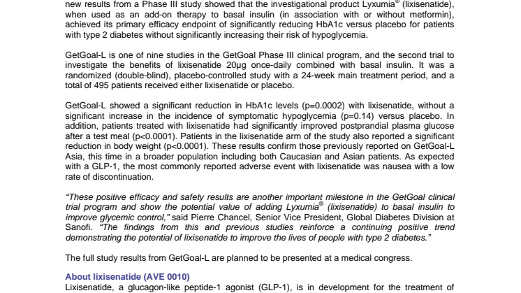 Sanofi GetGoal Program on Lyxumia®, as an Add-on to Basal Insulin, Shows Significant Positive Phase III Results