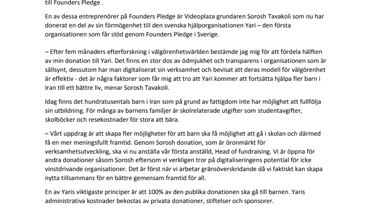 Organisationen Yari först i Sverige med donation från stiftelsen Founders Pledge