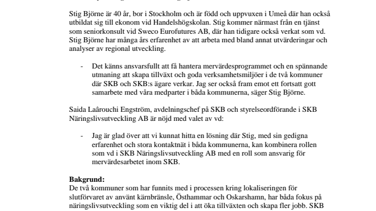 Stig Björne utsedd till vd för SKB Näringslivsutveckling AB