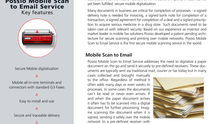 Possio identifies Secure Mobile Digitalization as major source for business process efficiency - launch Possio Mobile Scan to Email Service