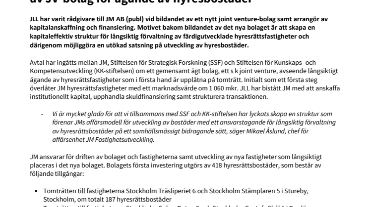 JLL arrangör och finansiell rådgivare till JM vid bildande av JV-bolag för ägande av hyresbostäder