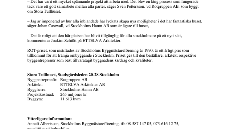 Stora Tullhuset vann Stockholms Byggmästareförenings ROT-pris 2011