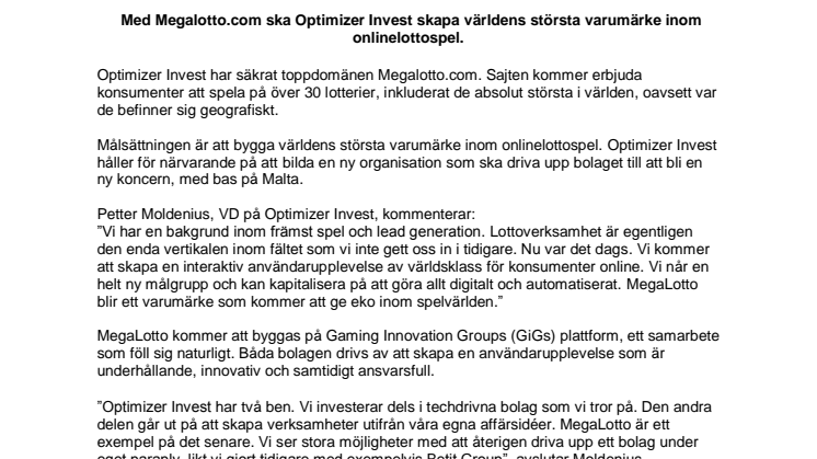 Optimizer Invests nya startup – ska bli störst på onlinelotto