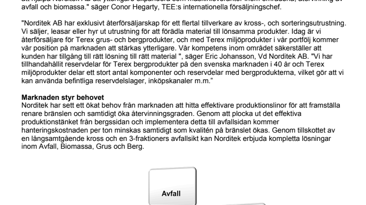 Norditek AB expanderar och blir exklusiv återförsäljare i Sverige för Terex® Environmental Equipment.