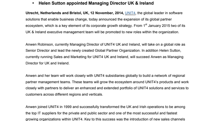 UNIT4 lanserar global partnerorganisation och tillsätter nya chefer