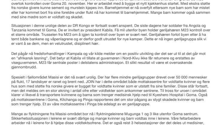 Kvinner og barn voldtas i flyktningeleirene i Goma. JOIN er i gang med nødhjelp.  