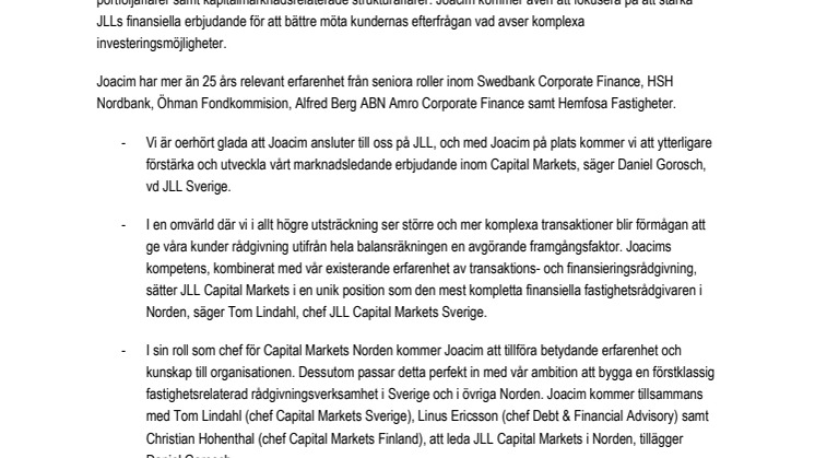 JLL rekryterar Joacim Sjöberg till ny strategisk roll för JLL Capital Markets i Norden