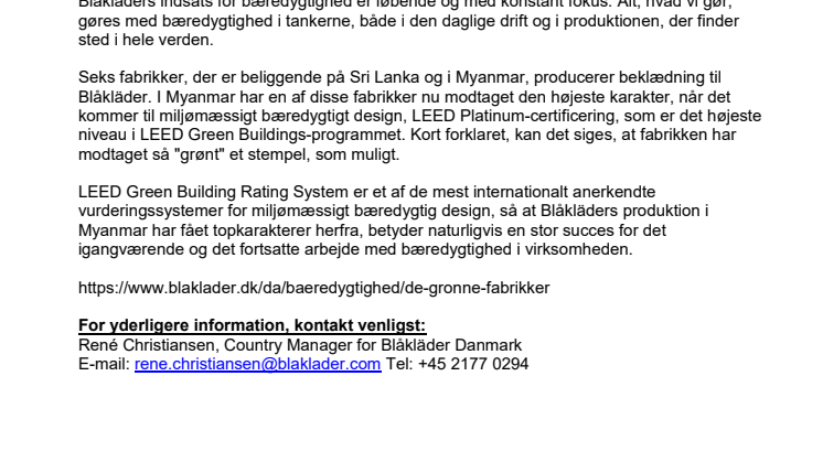 BLÅKLÄDERS PRODUKTION I MYANMAR ER FØRST MED DE MEST BÆREDYGTIGE FABRIKKER