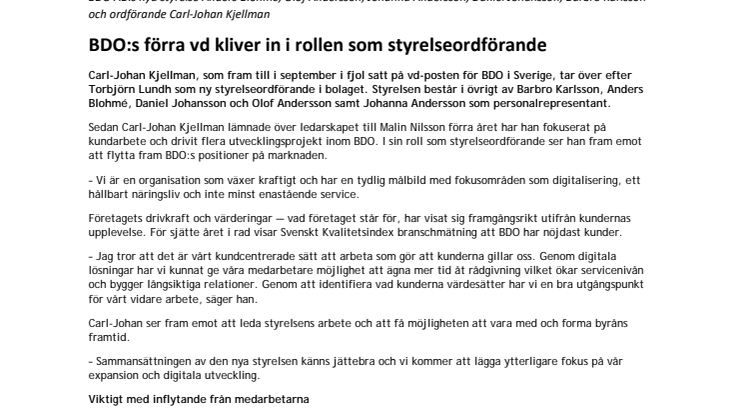 BDO:s förra vd kliver in i rollen som styrelseordförande