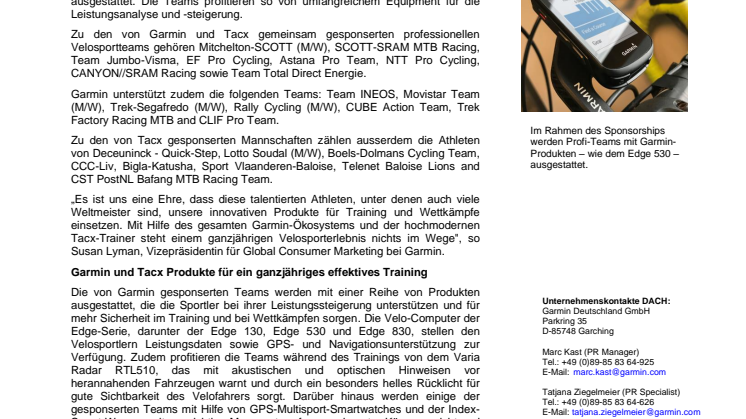 Gemeinsames Engagement für den Profi-Velosport von Garmin und Tacx