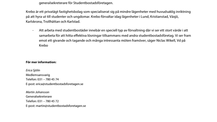 Krebo ny medlem i Studentbostadsföretagen