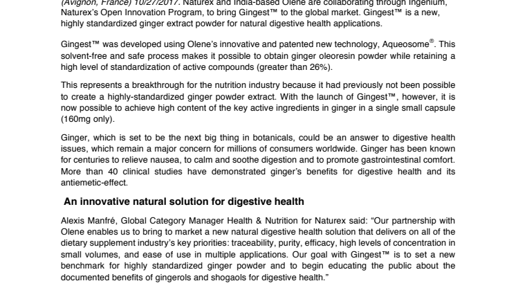 PRESS RELEASE: Naturex and Olene collaborate to create Gingest™, setting a new benchmark for highly standardized ginger extract powder