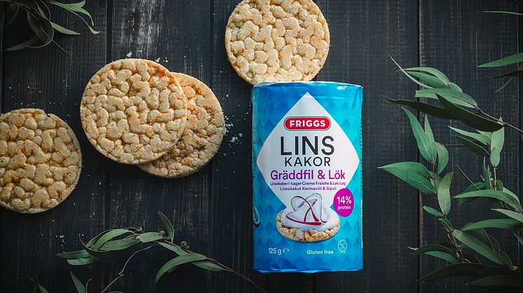 Friggs linskakor innehåller 14 procent protein och finns i tre goda smaker: Ost, Pizza samt Gräddfil & Lök. De är bakade på linser och majs och är helt glutenfria. Foto: Marisa Alvarsson