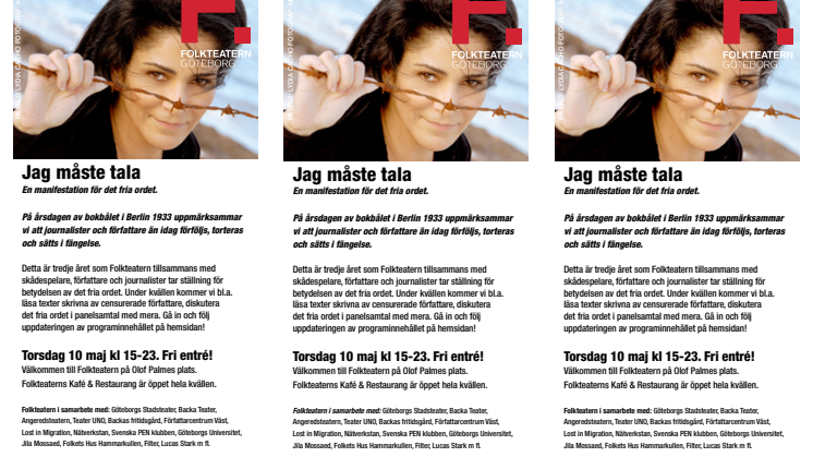 Jag måste tala – En Manifestation för Det fria ordet på Folkteatern Göteborg 10 maj!