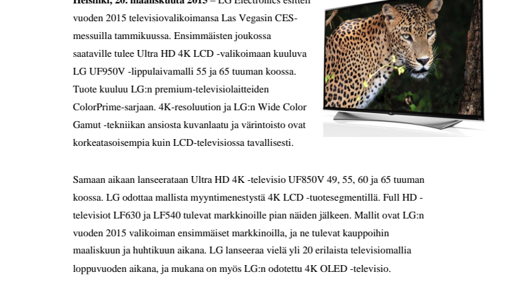 LG:LTÄ UUSI UF950V-TELEVISIO – 4K LCD UPEALLA VÄRINTOISTOLLA
