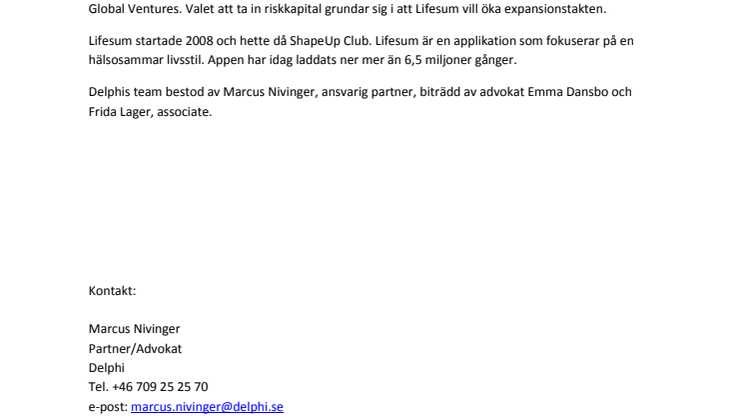 Delphi rådgivare när Lifesum, (ShapeUp Club AB), tar in externt kapital