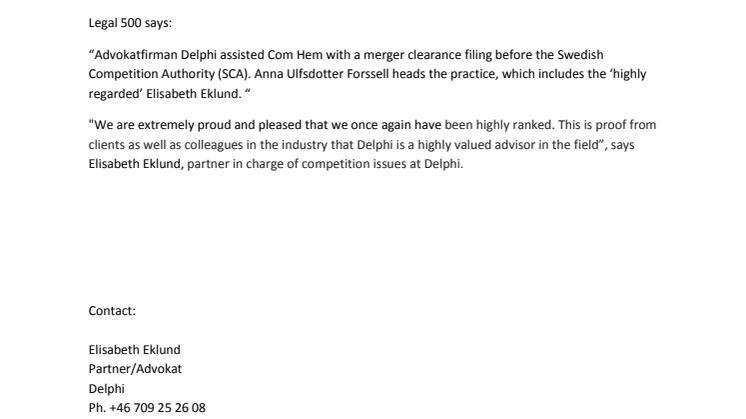 Legal 500 publishes new rankings - Delphi still highly ranked in the field of EU and competition 