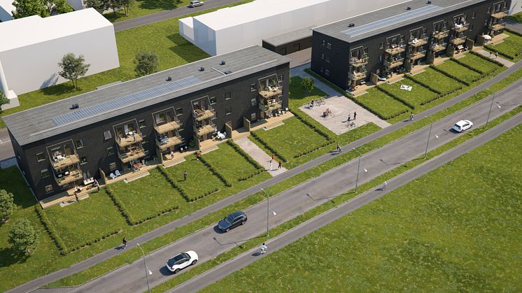 Översiktsillustration av det nya kvarteret BoKlok Pilkvisten i Karlslund, Landskrona. 