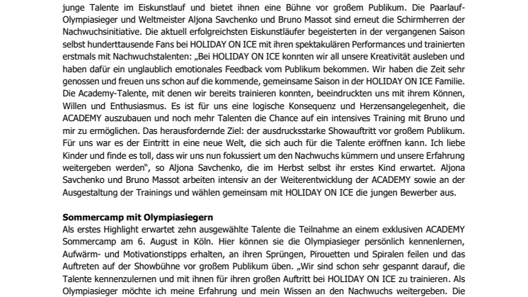 HOLIDAY ON ICE ACADEMY startet mit nationalem Talentaufruf – Aljona Savchenko und Bruno Massot unterstützen die Nachwuchsinitiative