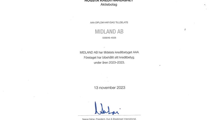 Midland seglar upp på AAA-rating hos Dun & Bradstreet