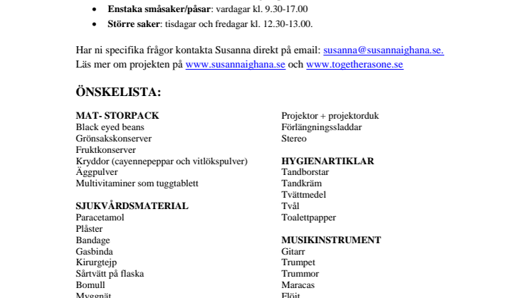 ÖNSKELISTA – HJÄLP LG OCH TOGETHER AS ONE ATT FYLLA EN CONTAINER TILL GHANA 2015