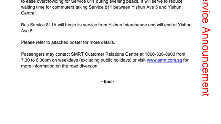 New Short Trip Bus Service 811A from 28 October 2013
