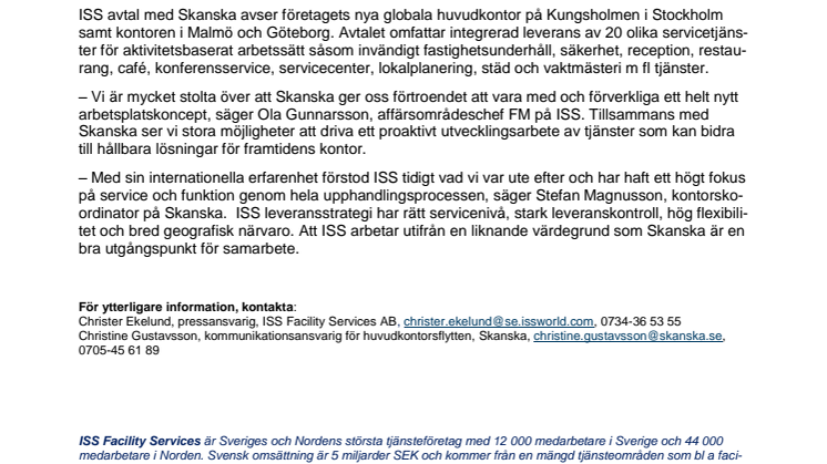 ISS levererar FM-tjänster till Skanskas nya framtidskontor