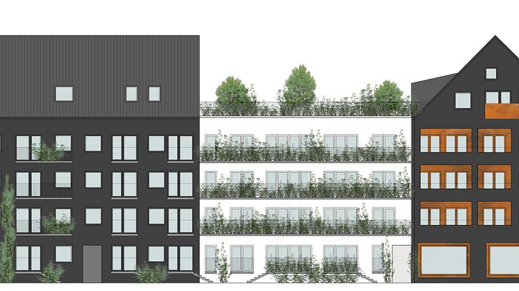 HSBs planerade projekt i kvarteret Spiggan, Sorgenfri. Tidig skiss av fasad mot sydväst.