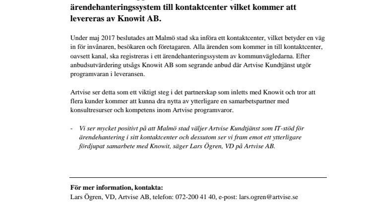Artvise levererar ärendehanteringssystem för kontaktcenter till Malmö stad!
