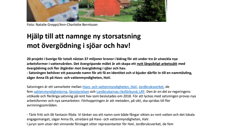 ​Hjälp till att namnge ny storsatsning mot övergödning i sjöar och hav!
