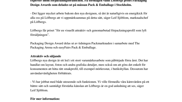 Löfbergs vann designpris