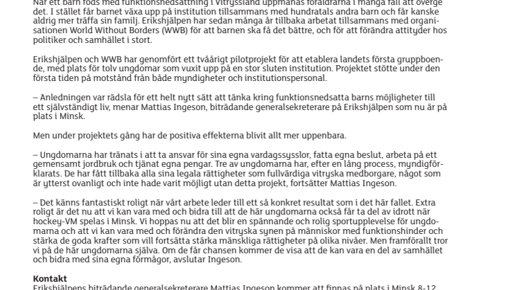Hockeyspelaren Niklas Hjalmarsson stödjer vitryska ungdomars resa från institution till hockey-VM