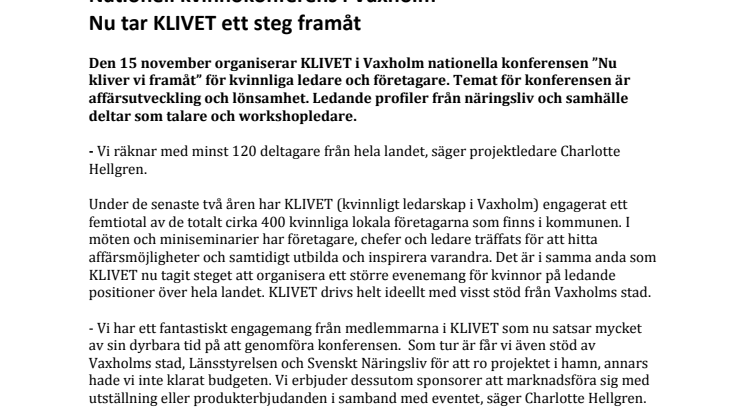 Nationell kvinnokonferens i Vaxholm Nu tar KLIVET ett steg framåt