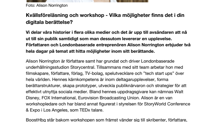 Kvällsföreläsning och workshop - Vilka möjligheter finns det i din digitala berättelse?