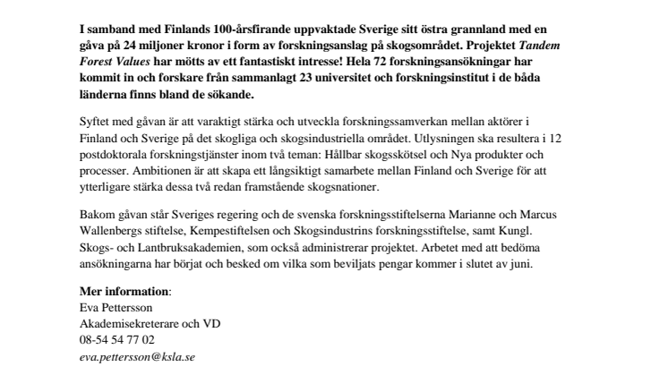 ​72 ansökningar till Tandem Forest Values – Sveriges gåva vid Finlands 100-årsjubileum