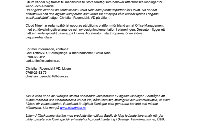 Cloud Nine blir premiumpartner för Litium inom webb och e-handel