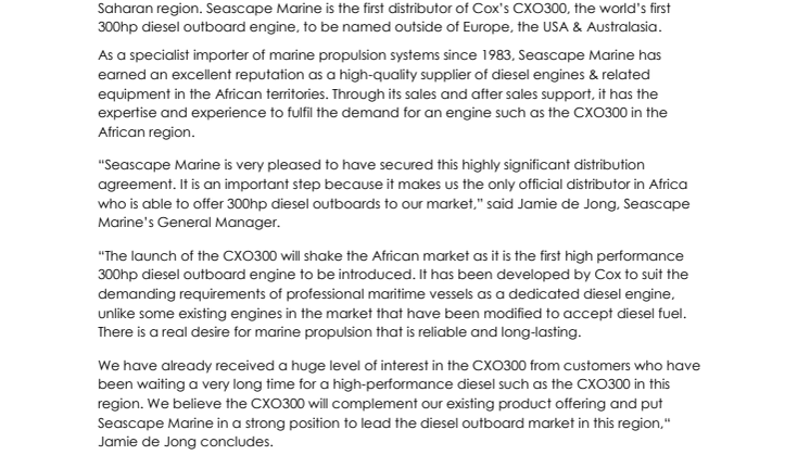 Cox Powertrain: Cox Names Seascape Marine Services as Distributor for South Africa and Sub Sahara