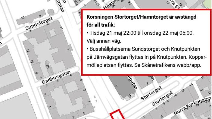 Korsningen Stortorget/Hamntorget är avstängd för all trafik tisdag 21 maj 22:00 till onsdag 22 maj 05:00.