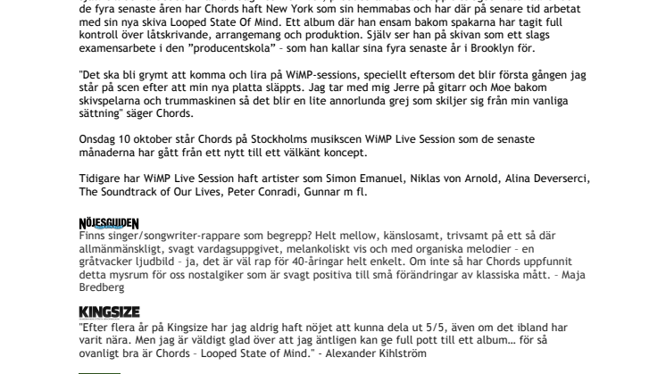 Chords på WiMP Live Session onsdag 10 oktober